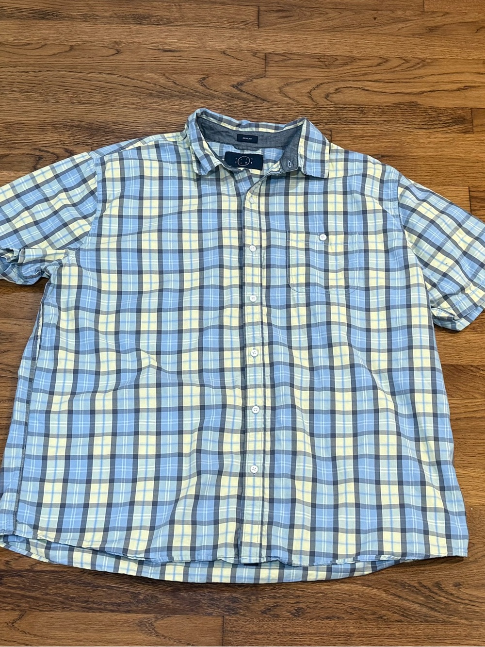 Even Tide Men’s XXL Tall Plaid Short Sleeve Button Up Shirt Blue Yellow